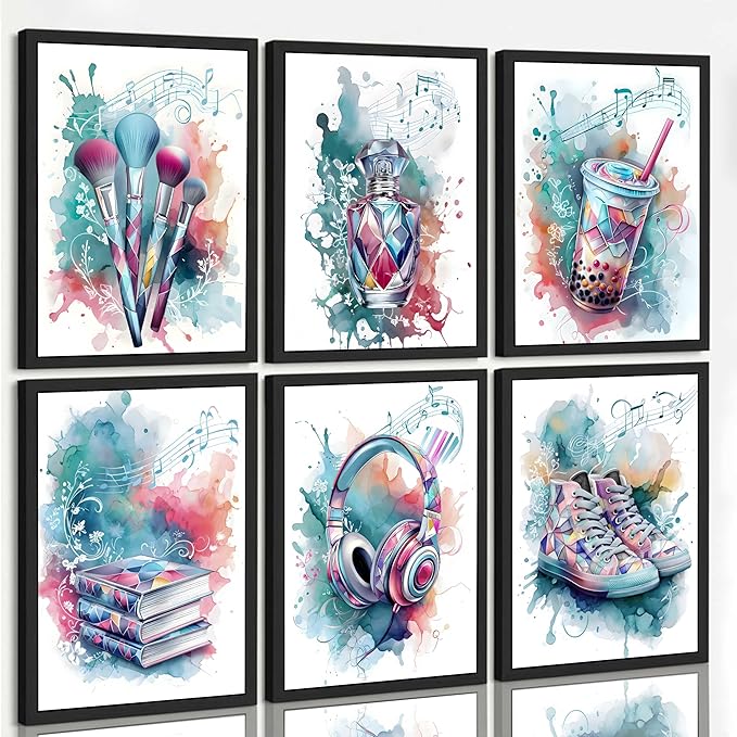 Suvinor 6Pcs Teen Girls Bedroom Canvas Wall Art Blue Preppy Perfume Cosmetics Headphones Painting Picture Wall Decor Music Lover Print Artwork for Girl Bedroom Bathroom Dorm Home Decoration Unframed