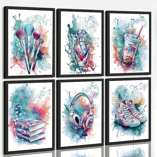Suvinor 6Pcs Teen Girls Bedroom Canvas Wall Art Blue Preppy Perfume Cosmetics Headphones Painting Picture Wall Decor Music Lover Print Artwork for Girl Bedroom Bathroom Dorm Home Decoration Unframed