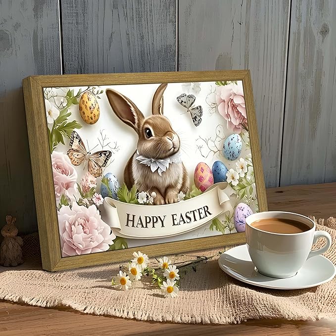 Framed Easter Bunny Wall Art, Vintage Holiday Decor Oil Painting, Rustic Farmhouse Spring Animal Wall Decor, Cute Rabbit Easter Eggs Canvas Print Paintings for Living Room Bedroom Nursery 12x16 Inch