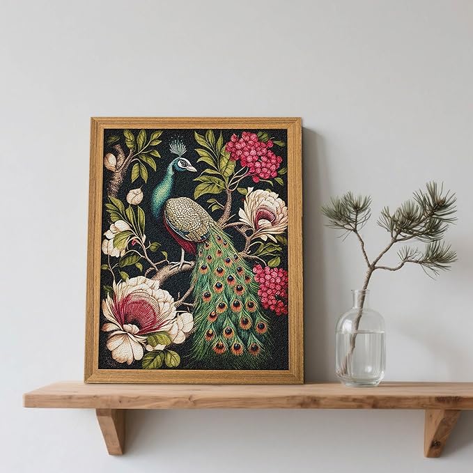 Framed Vintage 3D Textured Wall Art, Hand Drawn Sandstone Peacock Wall Decor, Modern Farmhouse Decor, Rural Botanical Floral Picture Painting Artwork for Living Room Bedroom 12x16 inch