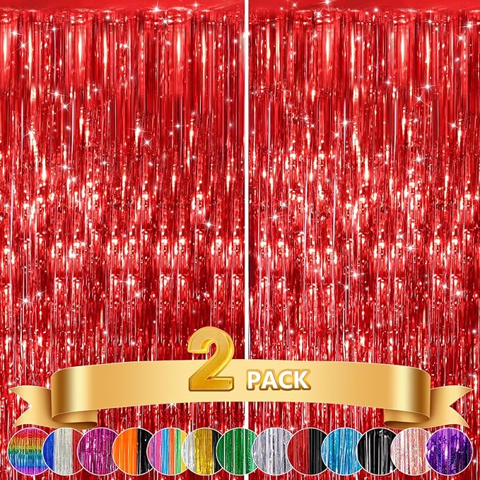 GCB 2 Pack Red Tinsel Backdrop, Fringe Curtains, Red Foil Tinsel Party Streamer Backdrop Curtains for Valentines Day, Wedding Photo Backdrop Party Decorations for Wedding Anniversaries Bridal Shower