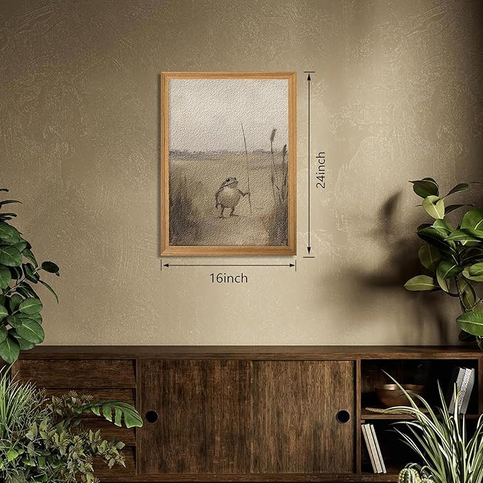 3D Textured Framed Whimsical Frog Wall Art, Vintage Rustic Cottagecore Canvas Wall Decor Picture, Weird Funny Frog Animal Sandstone Painting for Bedroom Living Room 16x24 Inch