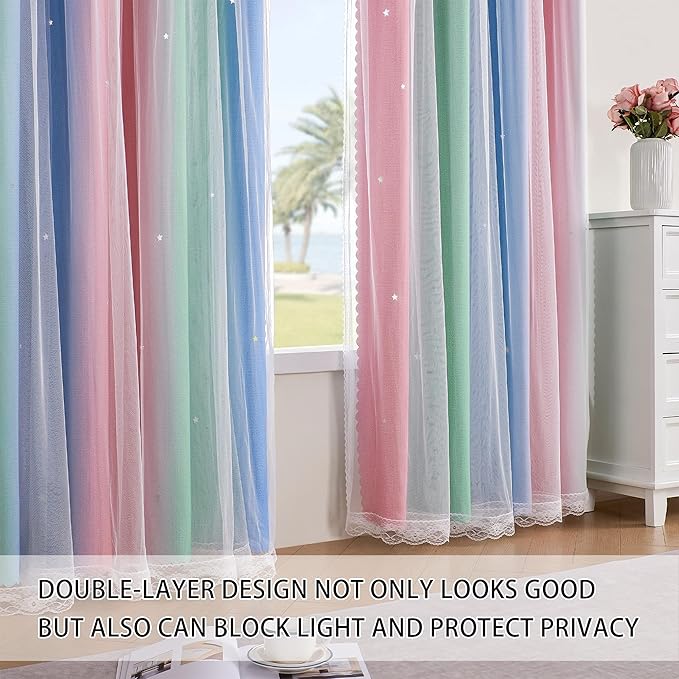 XiDi Pink Green Curtains for Girls Bedroom Decor Kids Blackout Curtains for Nursery Room Darkening Rainbow Princess Unicorn Wall Decals Little Girl Pink Green Blue 34x54 Inches Long 2 Panels Set