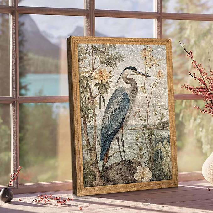Framed William Morris Heron Wall Art, Vintage 3D Textured Botanical Wall Decor, Hand Drawn Sandstone Wildlife Picture Artwork, Modern Farmhouse Decor for Bedroom Living Room 12x16 inch