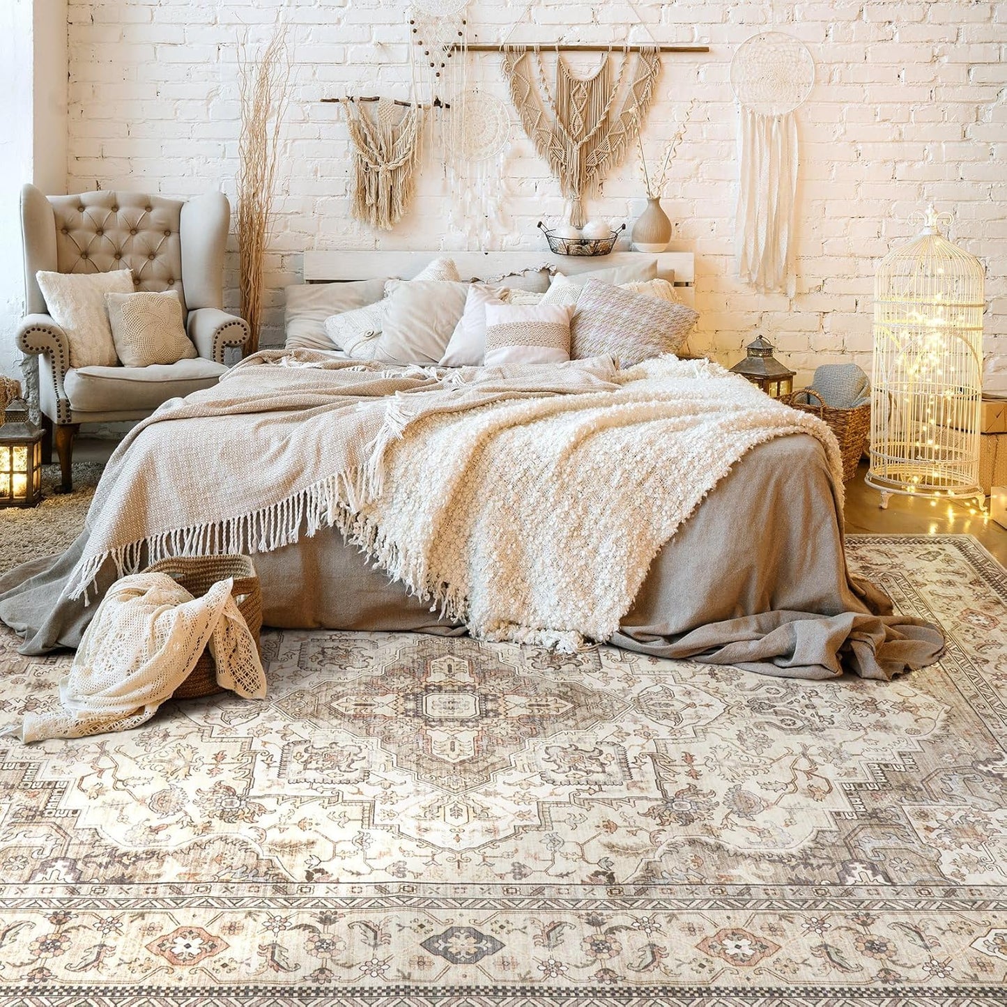 Washable Area Rugs for Living Room - 10x14 Neutral Vintage Distressed Floral Farmhouse Boho Large Soft Floor Rug Indoor Non Slip Carpet for Bedroom Dining Room Office - Brown/Multi
