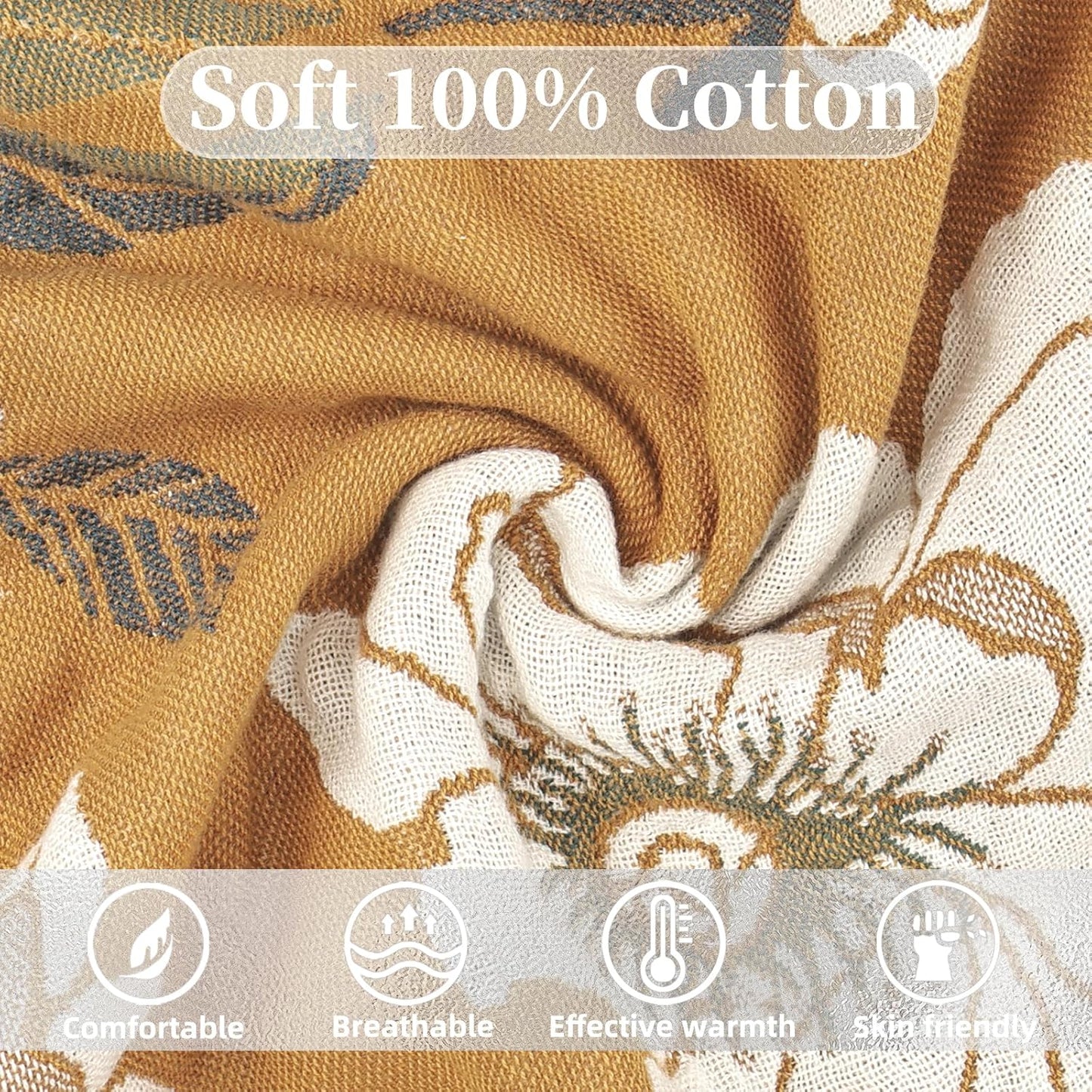Boho Throw Blanket for Bed - 100% Pure Cotton Ultra Soft Rustic Quilt - Farmhouse Decor Bed Blankets, All Season Rustic Throw for Sofa Couch Chair(60"×80", Flower Branch 2)