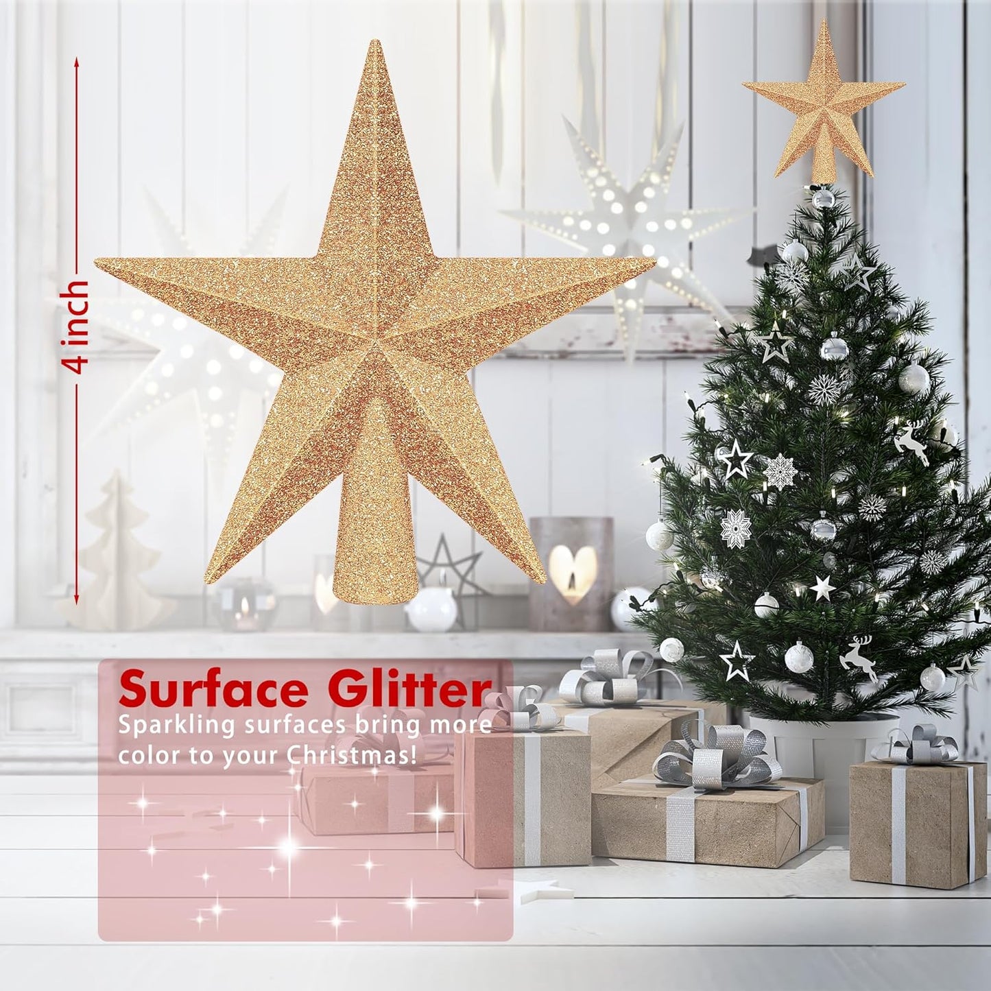 1PCS Xmas Tree Topper, 4" Star Christmas Tree Topper Glitter, Mini Bethlehem Star Xmas Shatterproof Tree Topper Decorations, Waterproof Christmas for Holiday Home Indoor & Outdoor Ornament