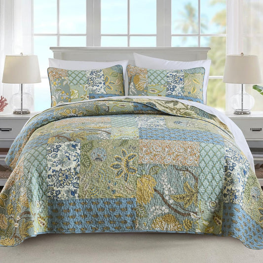 NEWLAKE Quilt Set King Size, 100% Cotton Patchwork Green Bohemian Quilt Sets, Reversible Bedspread Lightweight and Breathable for All Seasons, Soft Quilted Bedspread with 2 Pillow Shams