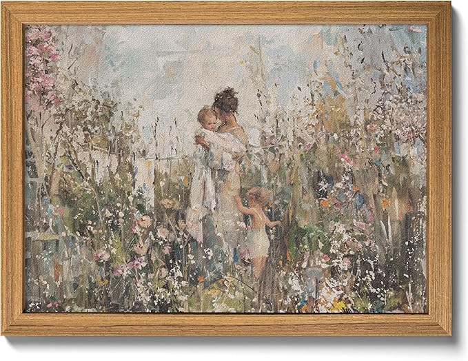 3D Textured Vintage Cottagecore Wall Art, Mom Holding Baby In Wildflowers Wall Decor Painting, Impressionist Sandstone Artwork Picture for Mother’s Day Gift Nursery Bedroom 12x16 Inch Framed