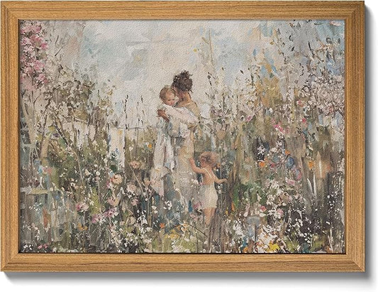 3D Textured Vintage Cottagecore Wall Art, Mom Holding Baby In Wildflowers Wall Decor Painting, Impressionist Sandstone Artwork Picture for Mother’s Day Gift Nursery Bedroom 12x16 Inch Framed