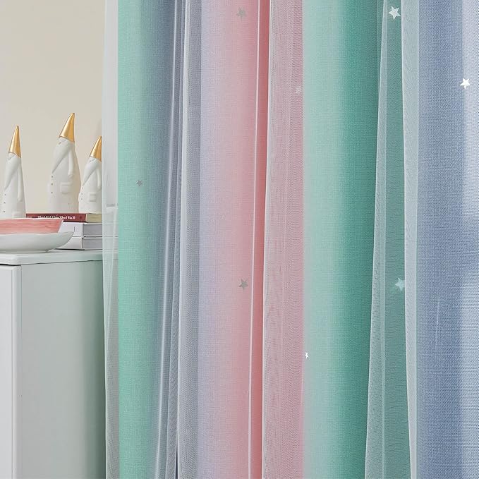 XiDi Curtains for Bedroom Decor, Rainbow Pinkgreen grey34/96