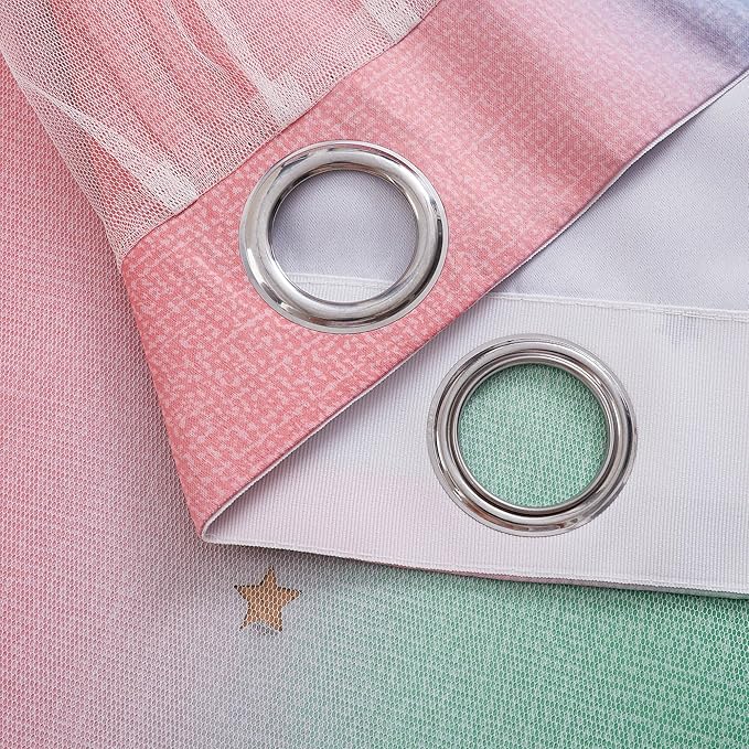 XiDi Pink & Rainbow Curtains for Kids & Girl Rooms - Blackout, Unicorn Wall Decals, Blue & Green, 34x84 Inch