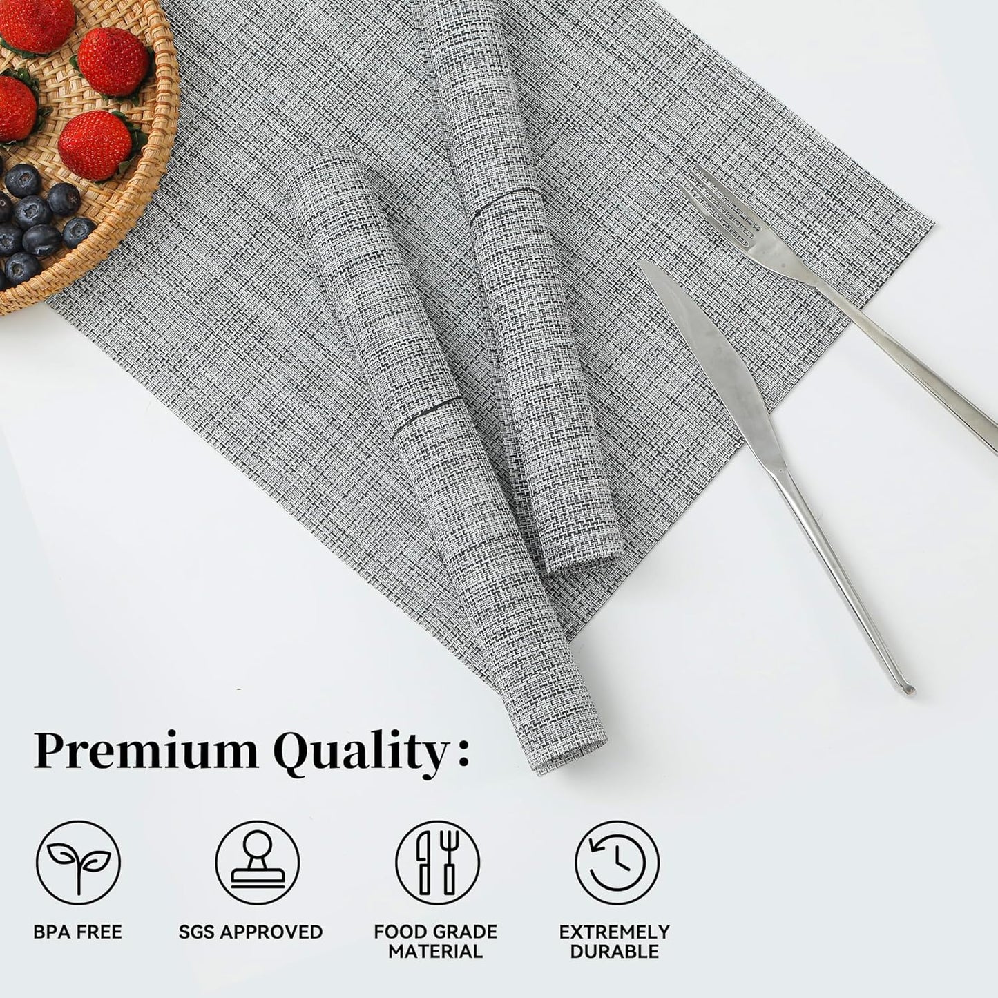 Leetaltree Linen Grey Placemats Set of 8 - Heat Resistant Non-Slip Place mats for Dining Table, Washable Durable PVC Vinyl Woven Table Mats（Linen Grey, 8）