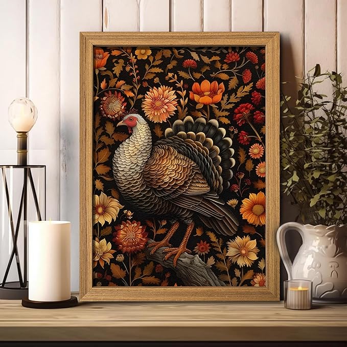 Framed Vintage Turkey 3D Textures Wall Art – Fall Floral Thanksgiving Wall Decor, Rustic Autumn Harvest Bird Artwork Painting for Living Room Kitchen Dining Room – 16x24in