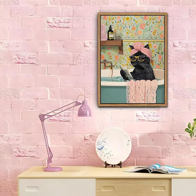 Floating Framed Bathroom Cat Canvas Wall Art, Funny Black Cat Reading Wall Decor, Cute Animal Prints Pictures Posters for Living Room Bedroom Toilet Kids Room Paintings 12x16 inch