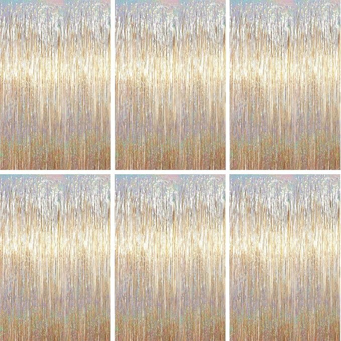 3.3 x 6.6 ft Foil Fringe Backdrop Curtains, Tinsel Streamers Party Decorations, Fringe Backdrop for Birthday, Baby Shower, Gender Reveal, Graduation (6, Champagne)