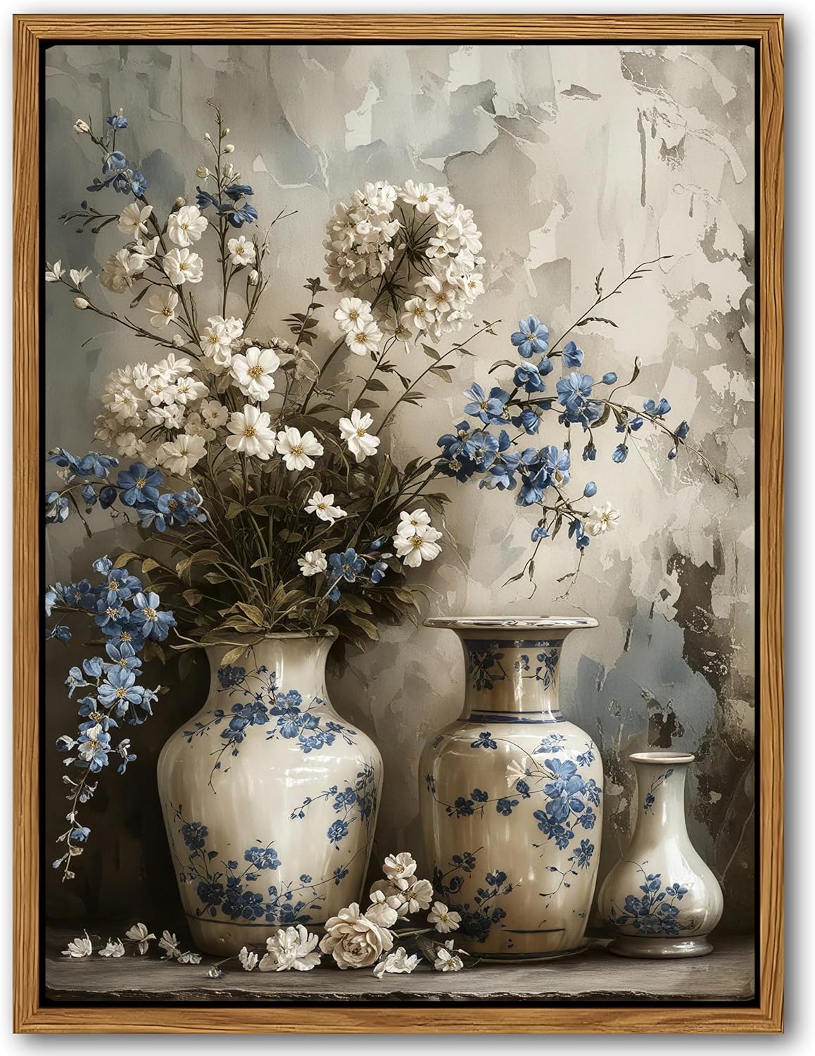 Floating Framed Farmhouse Floral Canvas Wall Art, Vintage Blue and White Flower Pictures Wall Decor, Elegant Art Jar Posters Print for Living Room Bedroom Bathroom Rustic Decor 8x10 inch