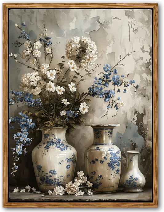 Floating Framed Farmhouse Floral Canvas Wall Art, Vintage Blue and White Flower Pictures Wall Decor, Elegant Art Jar Posters Print for Living Room Bedroom Bathroom Rustic Decor 8x10 inch