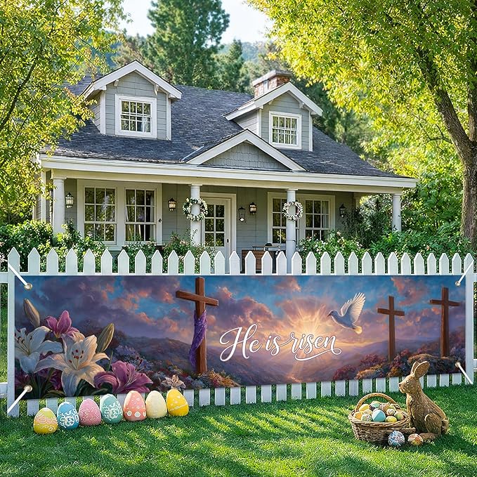 He Is Risen Easter Banner Christian Resurrection Spring Decor 78 x 17 Inch Religious Cross Scene Banner for Church Yard Fence Door Wall Indoor Outdoor Easter Faith Celebration Display
