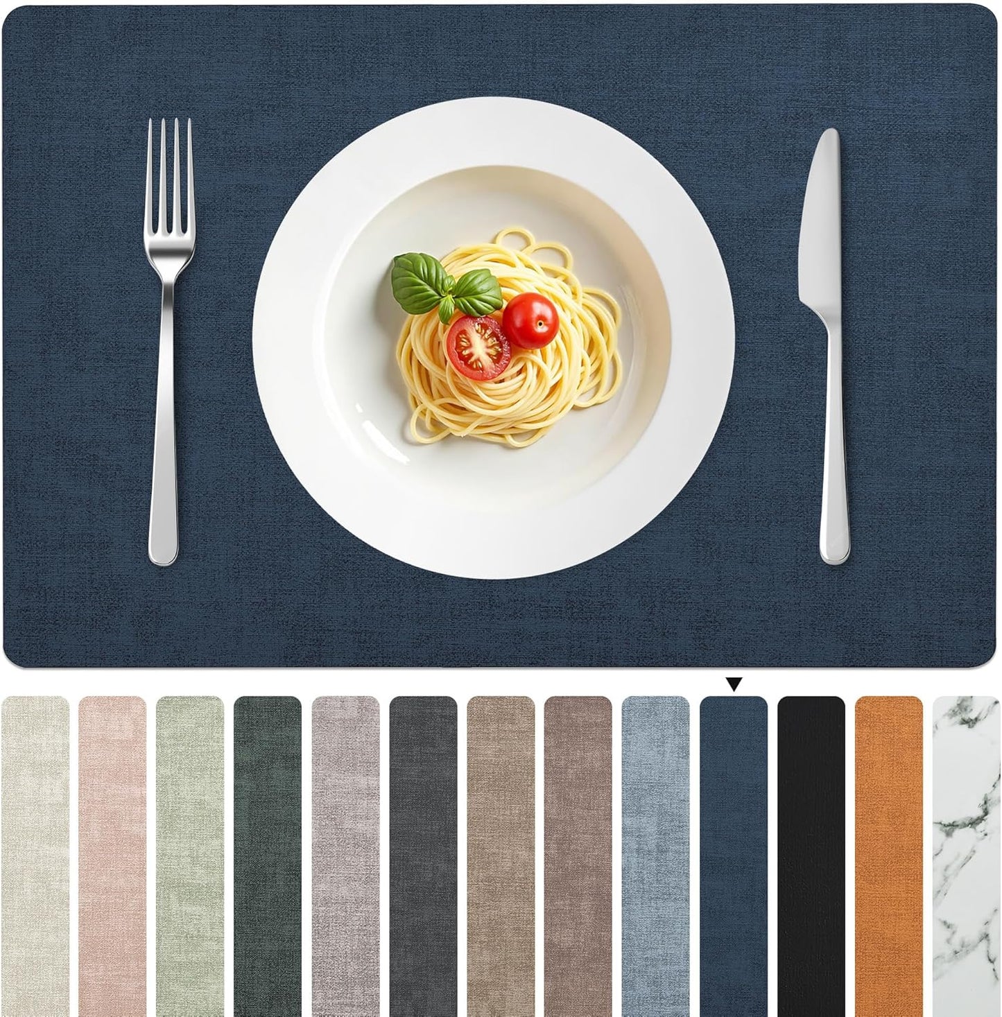 FROMHEART Faux Leather Placemats Set of 6–Waterproof,Heat/Oil Stain-Resistant PU Table Mat–Reversible,Non-Slip,Easy to Clean Place Mats for Kitchen,Dining,Indoor/Outdoor,(Dark Blue,11.8" x 17")