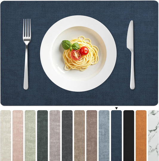FROMHEART Faux Leather Placemats Set of 6–Waterproof,Heat/Oil Stain-Resistant PU Table Mat–Reversible,Non-Slip,Easy to Clean Place Mats for Kitchen,Dining,Indoor/Outdoor,(Dark Blue,11.8" x 17")