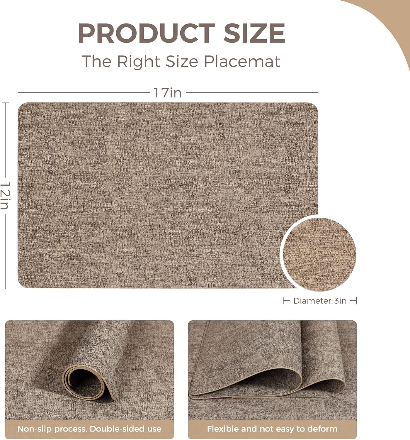 Vinyl Placemats Set of 6, Faux Leather Waterproof and Heat Resistant Place Mats, Washable Anti-Slip Table Mats with Coaster, Wipeable Placemats for Indoor & Outdoor 17" x 12" (Light Coffee, Set of 6)