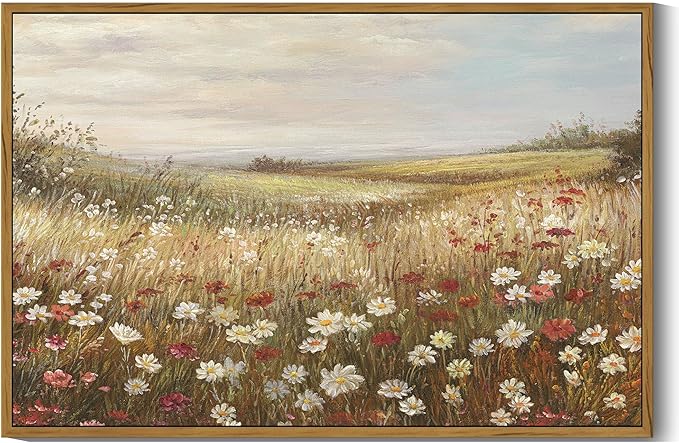 SHENIFY Vintage Framed Wall Art Meadow with Flowers Landscape Scenery Home Decor Retro Wildflower Field Decorations for Farmhouse Bedroom Ready to Hang Wall Artwork - 16x24in Natural Framed