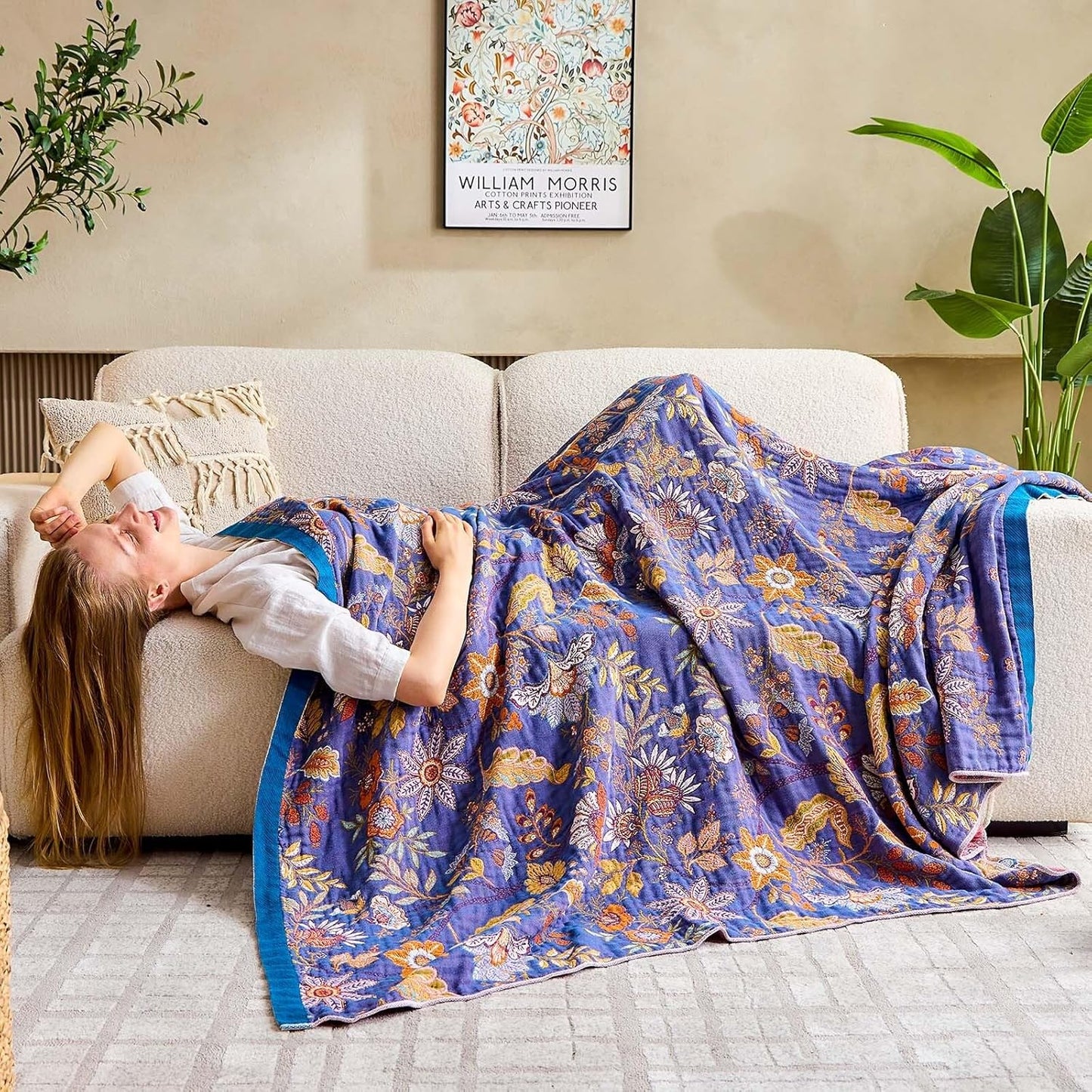 Boho Blanket, 100% Cotton Farmhouse Decorative Throw Blanket, 50"x60" Reversible Bohemian Throw Blanket, Purple All Season Muslin Breathable Woven Blankets Quilt