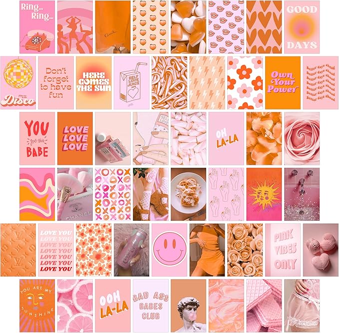 Pink and Orange Room Decor Aesthetic, Peach Wall Collage Kit Posters for Teen Boys Girls (50pcs 4x6 inch)