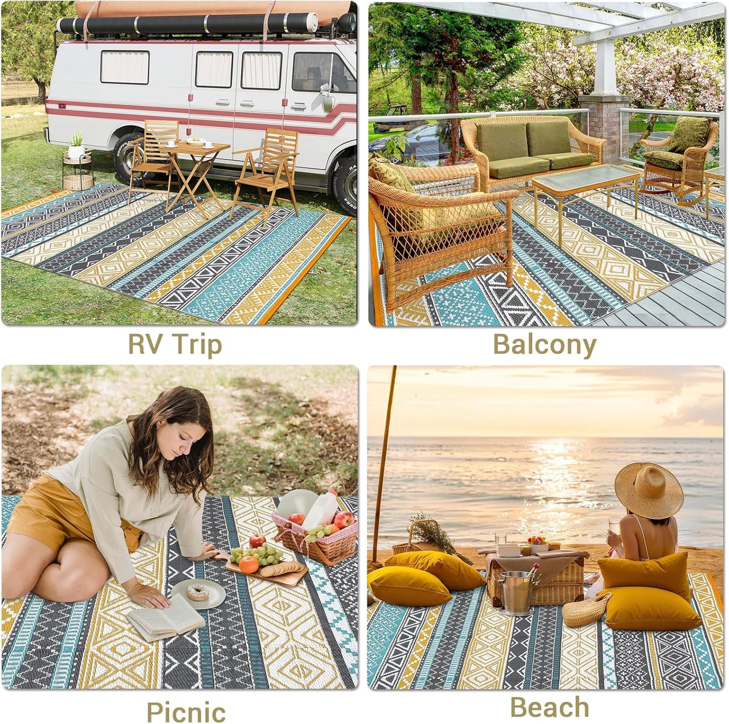 GAOMON Reversible Outdoor Rug 9'x18' Waterproof Plastic Straw Rug, Patio Rug, Large Modern Area Rug Carpet, Indoor Outdoor Rugs for Camping, Porch, Deck, Balcony, Backyard, Teal/Yellow(Bohemia)