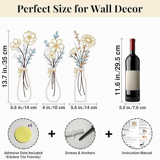 3-Piece Gold & Blue Boho Metal Flower Wall Decor- Minimalist Wire Floral Home Wall Art, Modern Wall Hanging Accents for Small Space, Hallway, Bathroom, Kitchen, Bedroom - Spring Housewarming Gifts