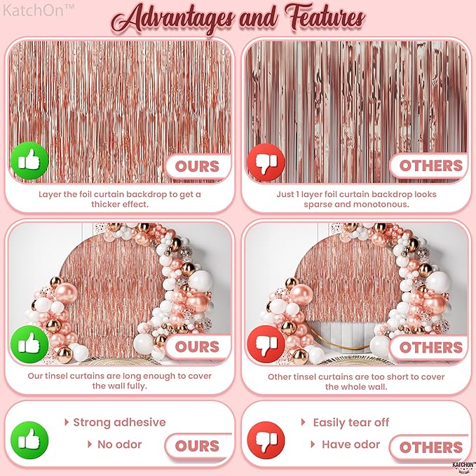 KatchOn, Rose Gold Fringe Curtain - XtraLarge 3.2x8 Feet, Pack of 2 | Rosegold Backdrop for Anniversary, Wedding, Bachelorette Party Decorations | Fringe Backdrop for Sweet 16 Birthday Decorations