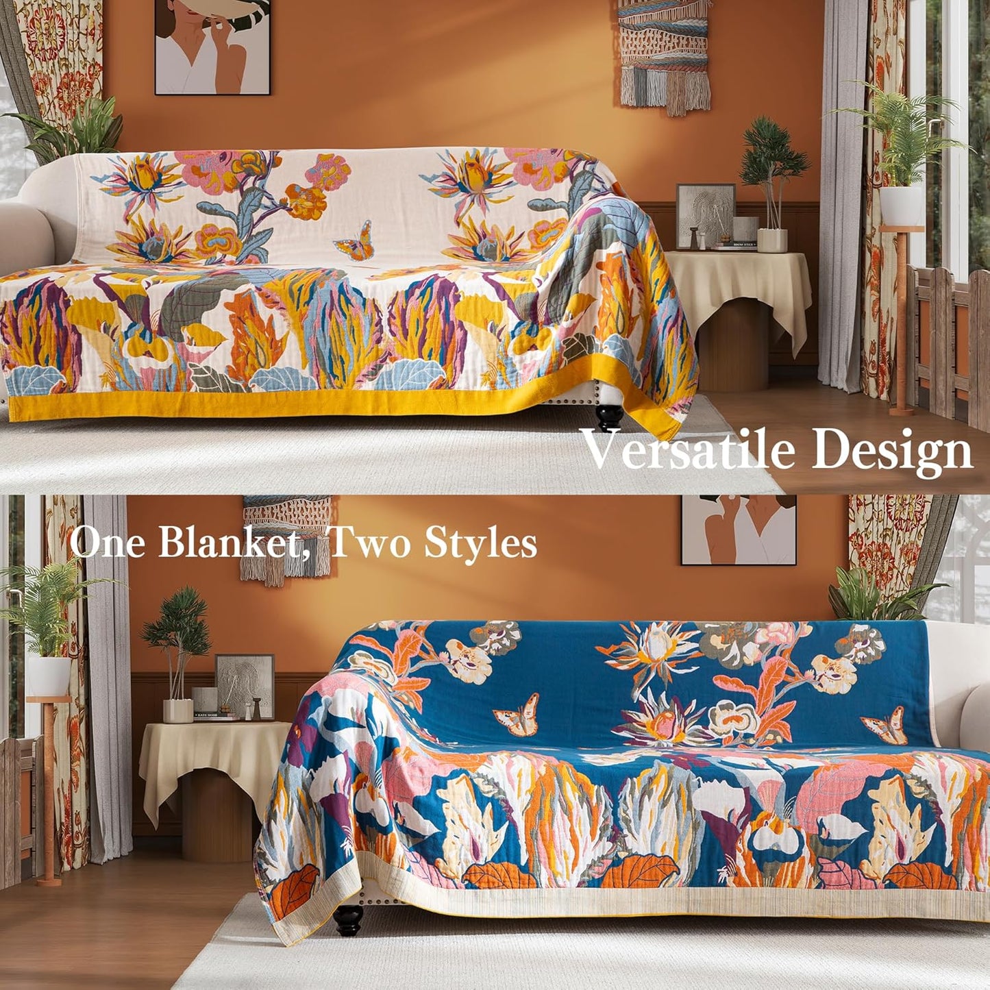 Boho Throw Blanket Throw Size, Soft Cozy Cotton Muslin Quilt Blanket for Bed Decor, Floral Patterned Couch Sofa Chair Cover, Vintage Farmhouse Cottage Tapestry Woven Blanket, Yellow&Blue