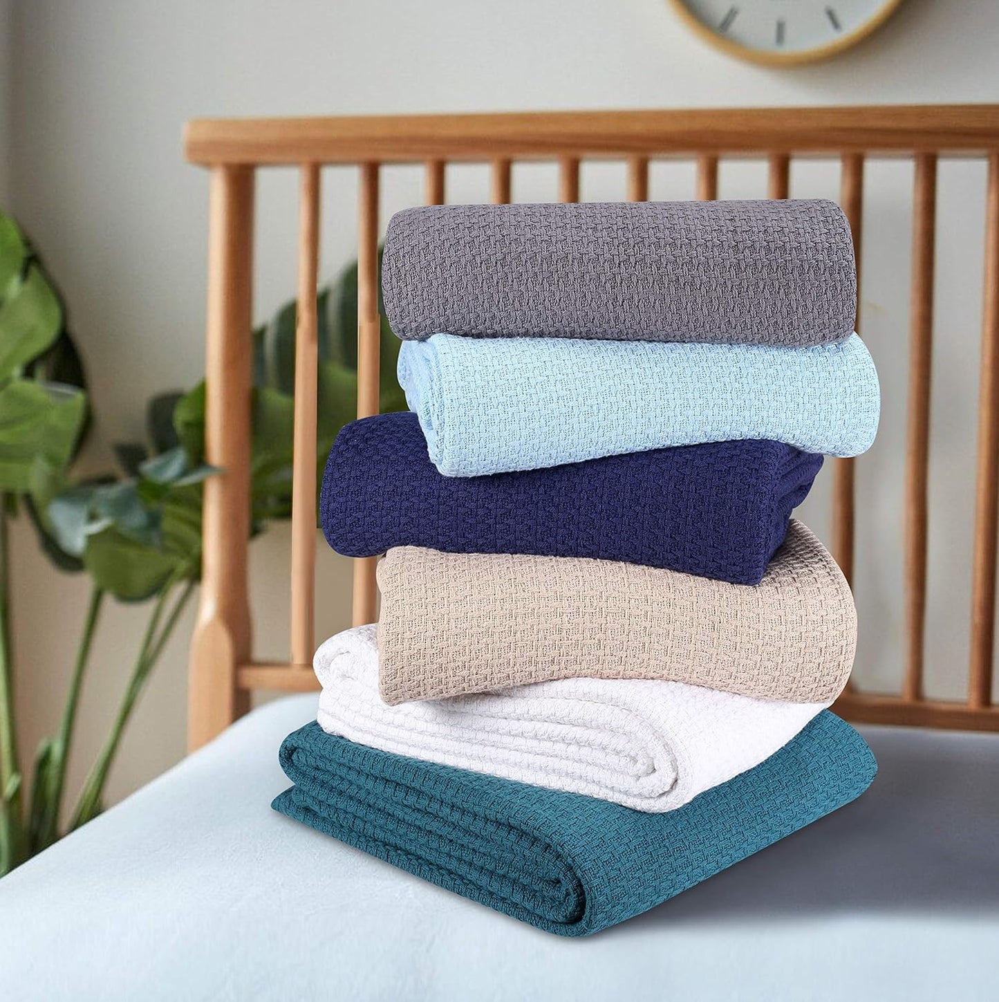 Elvana Home 100% Cotton Bed Blanket, Breathable Bed Blanket Full - Queen Size, Cotton Thermal Blankets Full - Queen, Perfect for Layering Any Bed for All Season, Light Blue