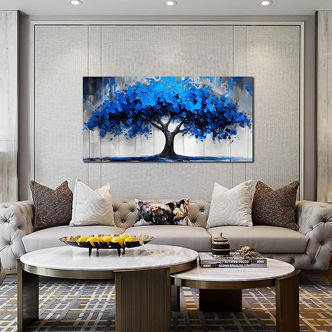 Blue Wall Art Large Tree of Life Wall Art for Living Room Bedroom Office Bathroom Modern Framed Canvas Prints Blue and Grey Picture Size 24x48