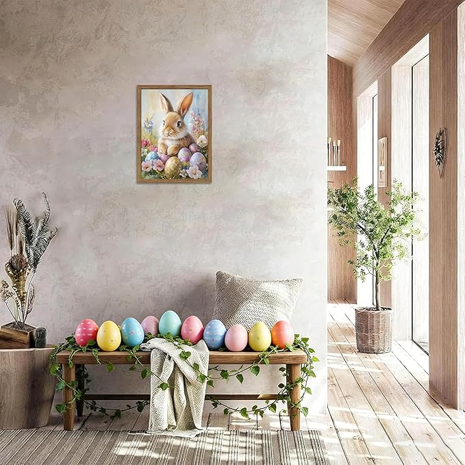 Framed Easter Bunny Wall Art, Cute Bunny with Eggs Poster Prints, Vintage Cottage Holiday Theme Canvas Artwork, Spring Atmosphere Wall Decor for Kids Room Girls Bedroom Living Room 12x16in