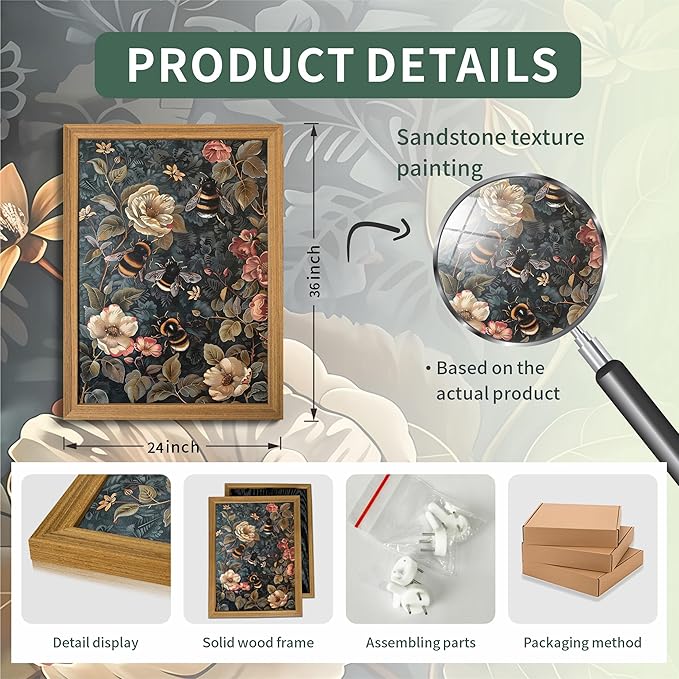 Framed 3D Textured Vintage Wall Art - Dark Academia Bumble Bee Hand Drawn Sandstone Paintings with Botanical Florals, Aesthetic Wall Decor for Living Room Bedroom Home 24x36 inch