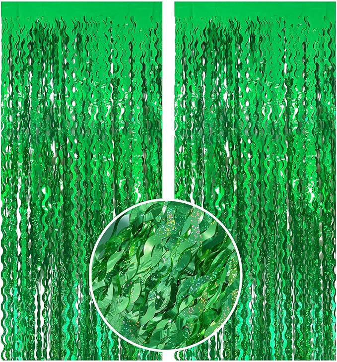Green Tinsel Foil Fringe Curtains Wavy Backdrop for Party Sparkle Metallic Wavy Streamers Photo Booth Props for Birthday Dinosaur Animal St Patrick's Day Football Christmas Party Decorations