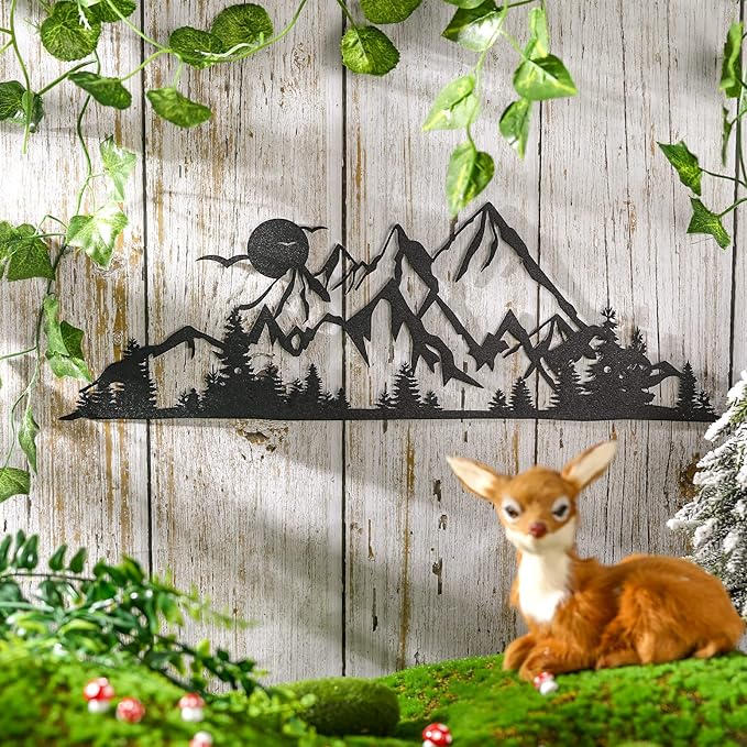 Demissle Mountain Range Metal Wall Art Decor Summit Rustic Wall Sign Forest Home Decor Sign Mountain Scene Art, 15.7 x 5.3 Inch(Black)