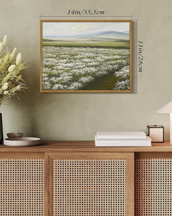 SHENIFY Vintage Landscape Framed Wall Art Meadow with Flowers Scenery Farmhouse Decor Rustic Retro Grassland Wildflower Field Painting for Kitchen Bedroom Bathroom - 11x14in Natural Framed