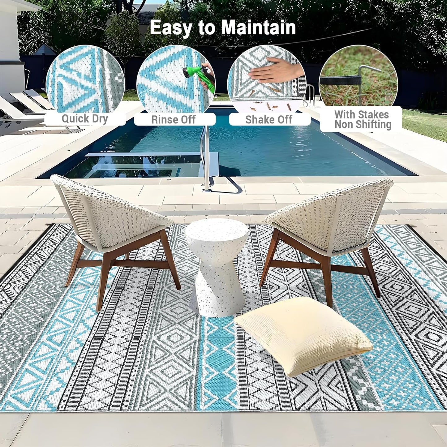 GAOMON Outdoor Plastic Straw Rug, 10'x20' Reversible Sage Green Patio Mat, Flower Modern Design for RV, Backyard, Deck, Camping, Picnic, Blue/Grey(Bohemia)