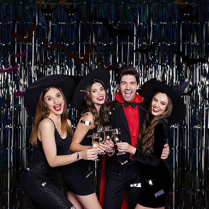 Foil Fringe Curtains Black Backdrop Party Decorations - Melsan 3 Pack 3.2 x 8.2 ft Black Tinsel Curtain Photo Backdrop for Birthday Decorations Retirement Party Decorations Black