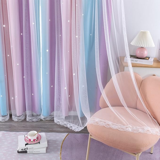 XiDi Dream Star Blackout Curtains for Kids Rooms Girl Princess Curtain for Daughter Bedroom Window (Pink Purple, W52 X L72)