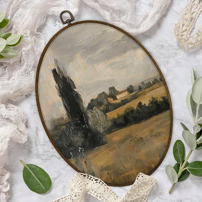 Gnmduw Vintage Country Landscape Oval Wall Art Framed, Antique French Countryside Landscape Canvas Prints Hanging Decor, Farmhouse Cottagecore Scene Wall Decor for Bedroom Living Room, 8.7x11.3 In