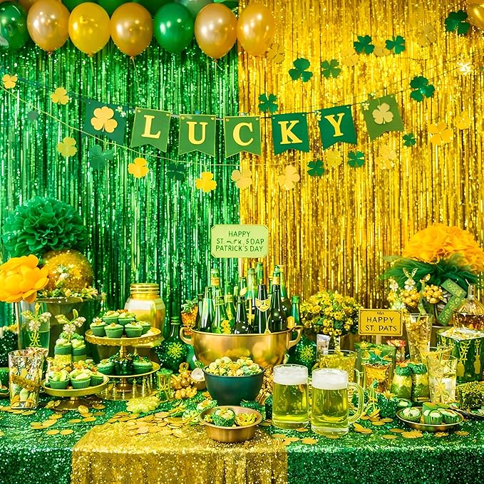 Foil Fringe Curtains st Patricks Day Decorations - Melsan 3 Pack 3.2 x 8.2 ft Gold Tinsel Curtain Party Photo Backdrop for Birthday Party Happy Retirement Baby Shower or Graduation