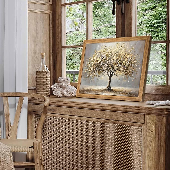 3D Textured Tree of Life Wall Art, Abstract Gold Tree Botanical Wall Decor, Modern Nature Landscape Sandstone Painting for living room Bedroom Bathroom Office 16x24 Inch Framed