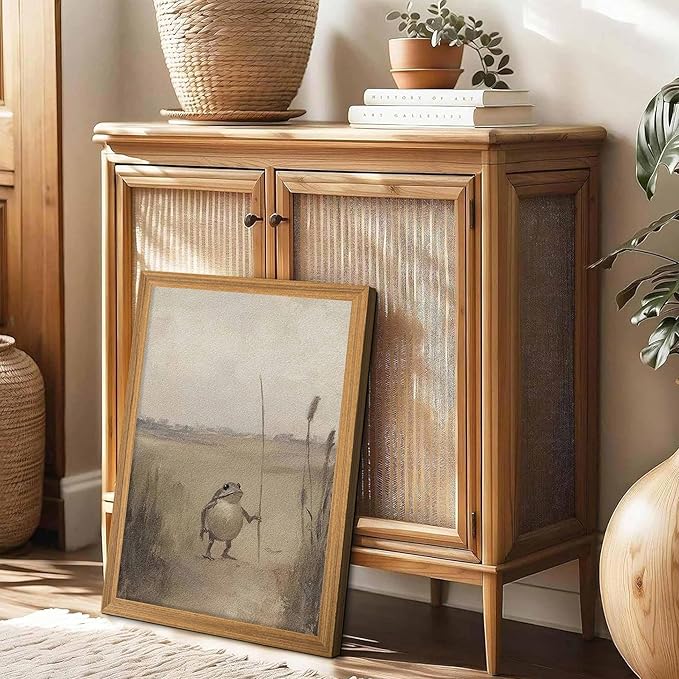 3D Textured Framed Whimsical Frog Wall Art, Vintage Rustic Cottagecore Canvas Wall Decor Picture, Weird Funny Frog Animal Sandstone Painting for Bedroom Living Room 16x24 Inch