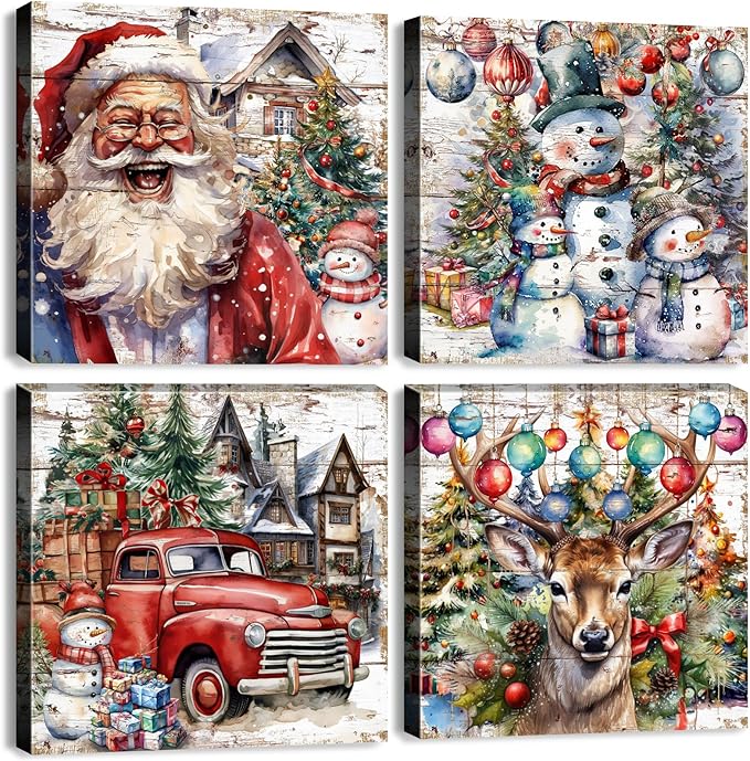 Christmas Pictures Wall Decor Santa Claus Snowman Wall Art Xmas Decorations Vintage Watercolor Deer Elk Posters Canvas Prints Colorful Winter Artwork for Living Room Bedroom Holiday Gifts 12x12" 4P