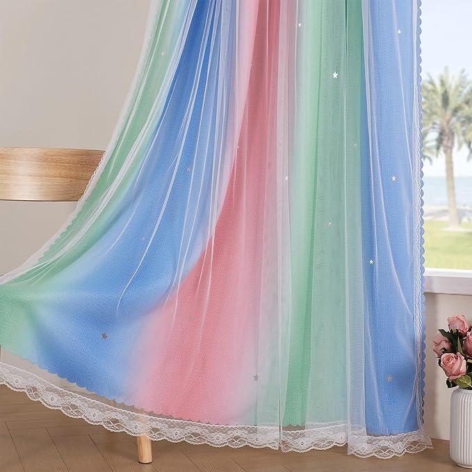 XiDi Curtains for Bedroom Decor, Rainbow Pink GreenBlue52/96/1