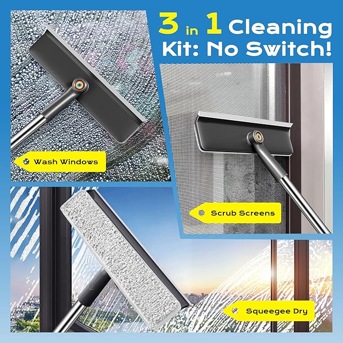 Window Squeegee for Home, Window Cleaner Tool with Extension Pole, Squeegee for Window Cleaning with 3 Microfiber Cloths and Screen Brush, Window Cleaning Kit for Car Windshield, Shower Glass Doors
